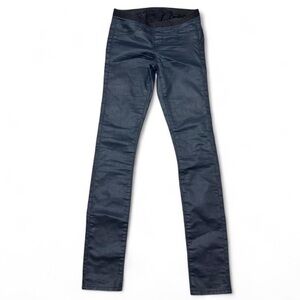 Helmut Lang distressed waxed pants in navy blue/black.